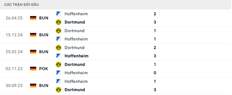 Lịch sử đối đầu Dortmund vs Hoffenheim